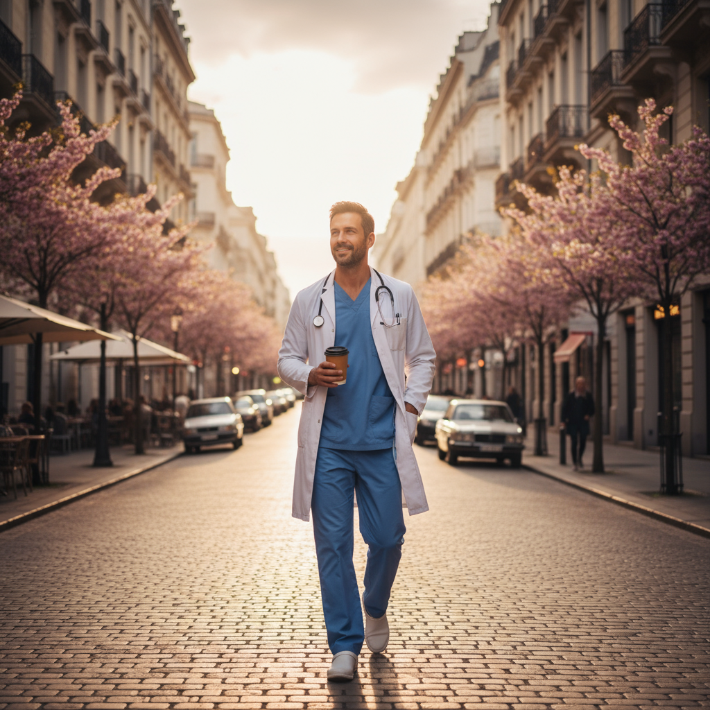 A male doctor walking on the streets of a nice city with a cup of coffee